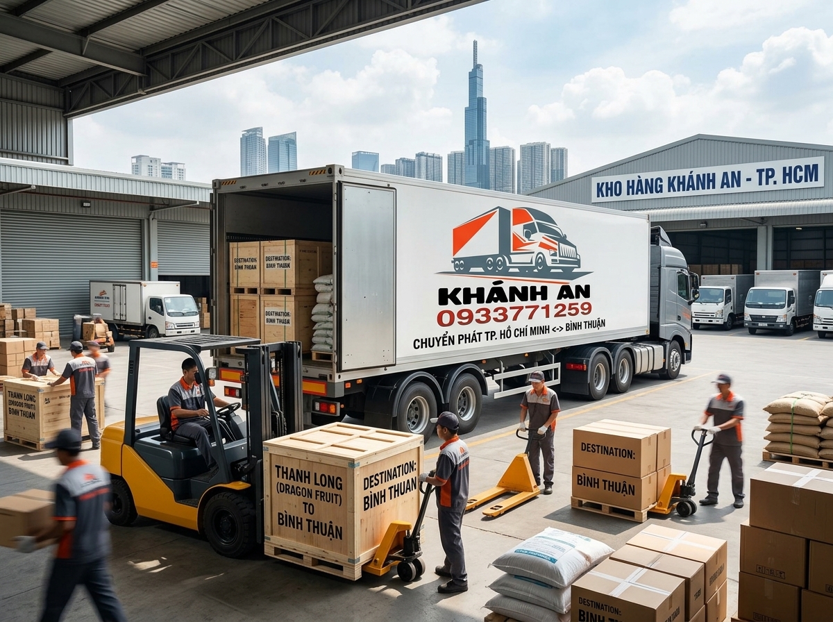 Vận chuyển hàng hoá TP.HCM đi Bình Thuận Hoạt động xếp hàng từ kho bãi lên xe của Khánh An trước khi vận chuyển