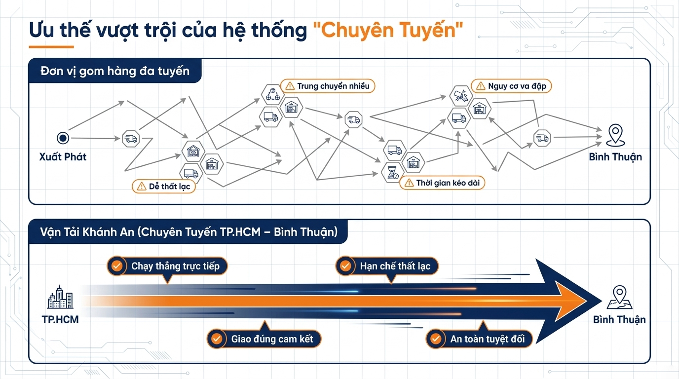 Vận chuyển hàng hoá TP.HCM đi Bình Thuận So sánh ưu thế của việc vận chuyển hàng hoá chuyên tuyến cố định với đơn vị gom hàng