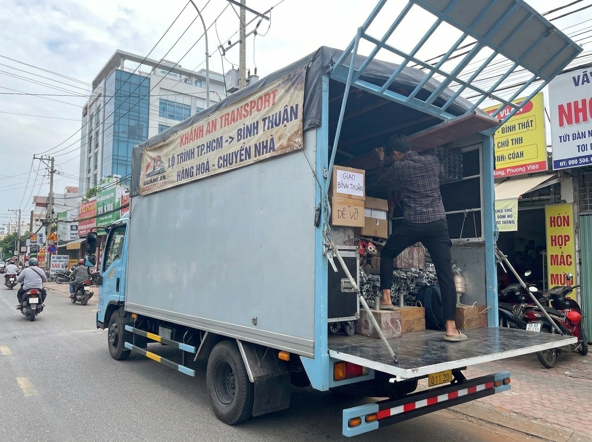 Vận chuyển hàng hoá TP.HCM đi Bình Thuận Nhân viên cẩn thận chất hàng hoá lên xe tải trước khi vận chuyển